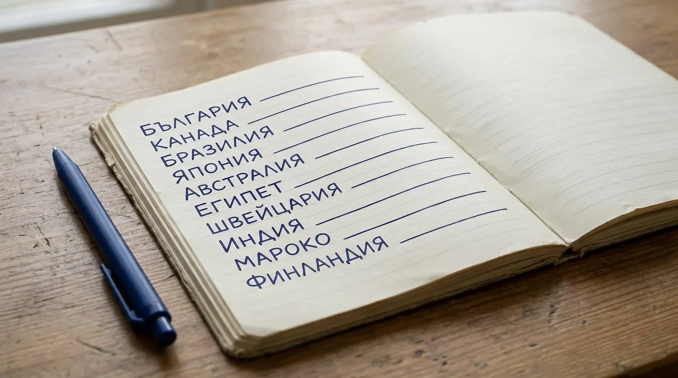 Бележник с подреден списък от държави и празни редове