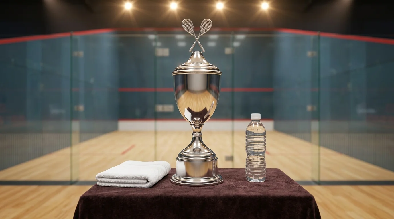 Връчване на трофей след финал от PSA Squash Tour